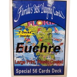 Euchre Playing Cards Large Print Special 56 Cards Deck Plastic Coated Used 2 Dks